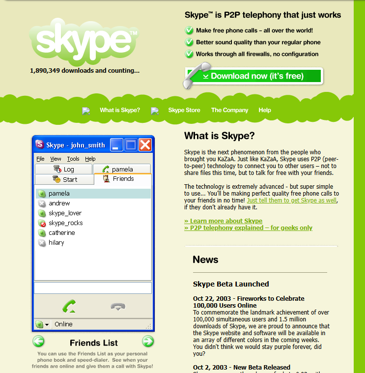 Главная страница сайта Skype в 2004 году