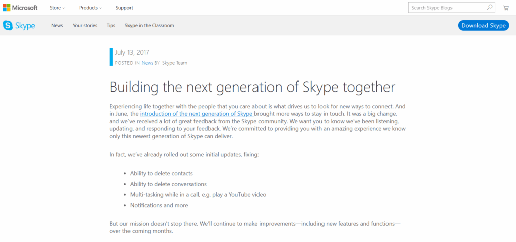 Извинения Microsoft за неудачное обновление Skype