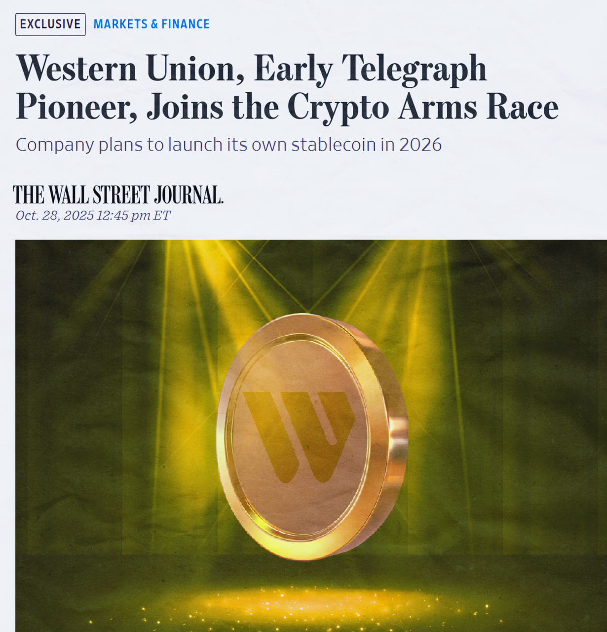 В следующем году Western Union запустит стейблкоин на блокчейне Solana