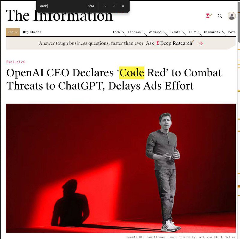 Сэм Альтман объявил внутри OpenAI «Код Красный» из-за угрозы со стороны конкурентов…