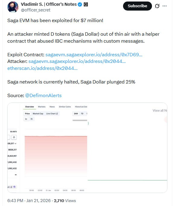 🥸💸 Взлома блокчейна SAGAБлокчейн SagaEVM приостановил работу после атаки, в результате которой…