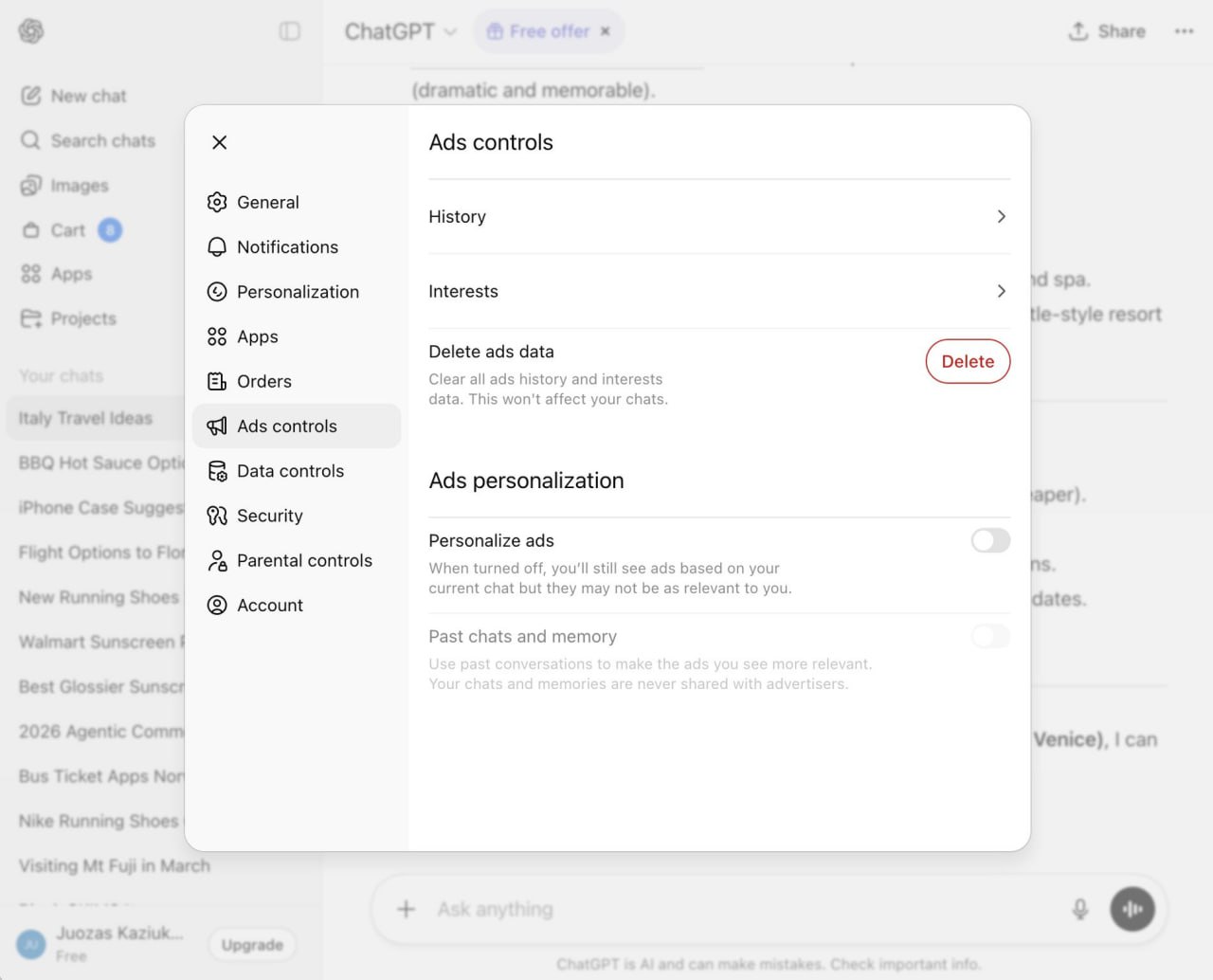 В ChatGPT появилась реклама и панель управления объявлениями