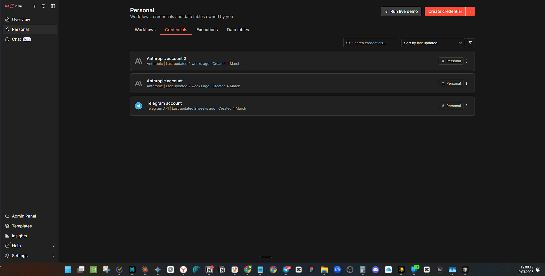 Главный экран n8n с панелью навигации и списком workflow