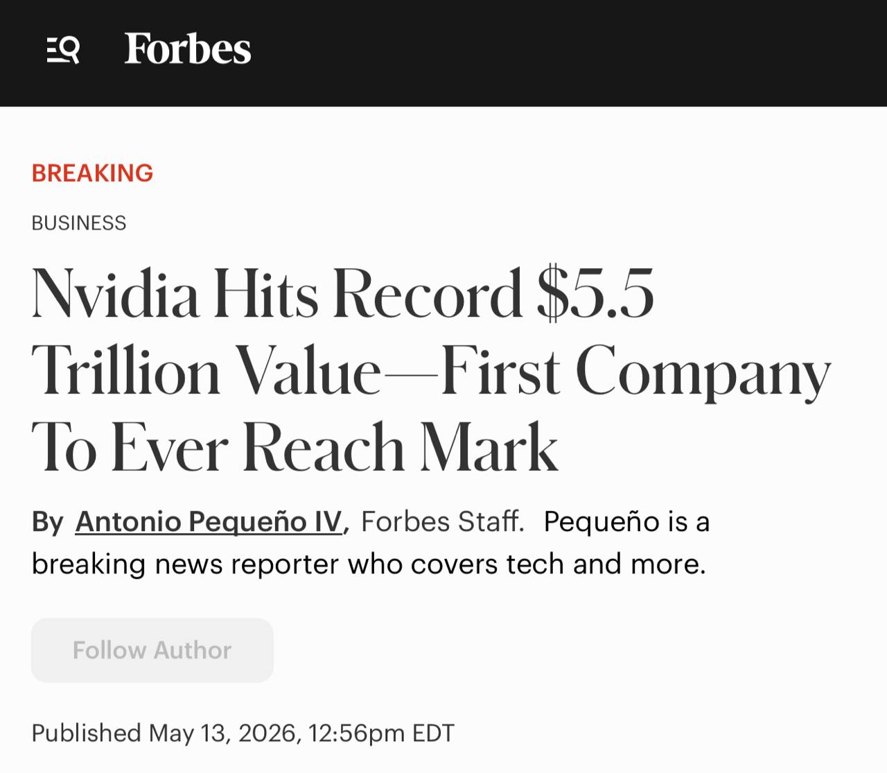 Nvidia стала первой в мире компанией, капитализация которой достигла $5,500,000,000,000.00 5.5 триллионов…
