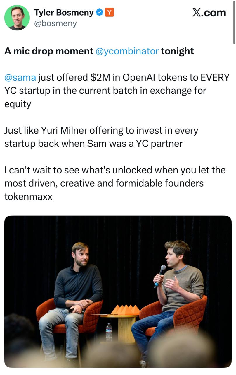 Сэм Альтман предложил каждому стартапу в YCombinator 2 миллиона долларов в токенах…