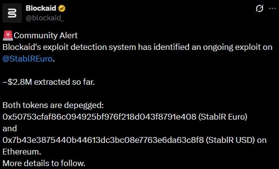 👺 Хакеры атаковали европейского эмитента стейблкоинов StablR. Ущерб составил не менее $2,8…