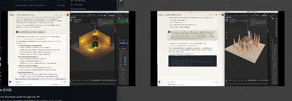 Интерфейс Blender с открытой панелью Claude и активной сценой 3D