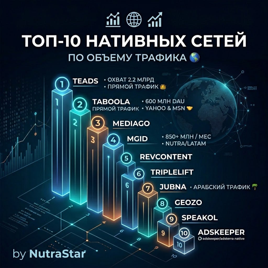 Топ 10 нативок по объему трафика 🌍Провел небольшое исследование нативных сеток по…