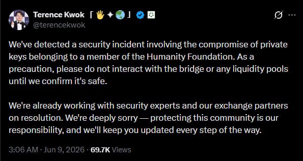 👾 9 июня неизвестные скомпрометировали кошельки, связанные с проектом Humanity Protocol. Ущерб…