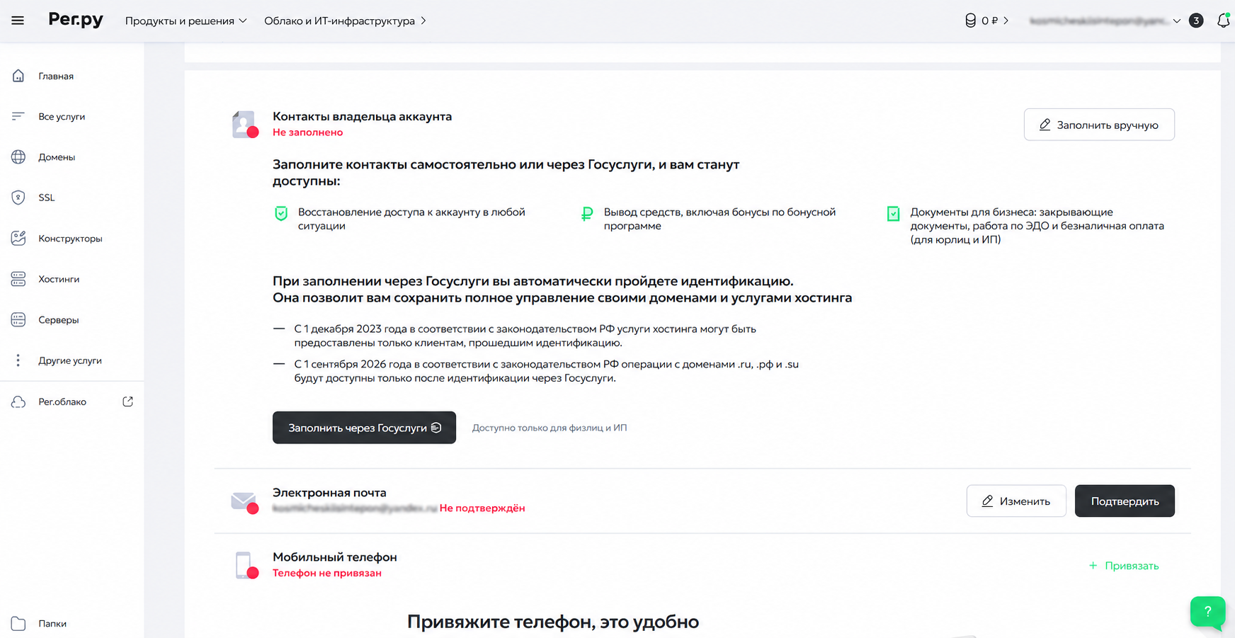 Интерфейс верификации администратора домена через Госуслуги в личном кабинете Reg.ru