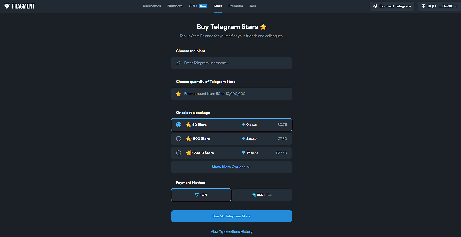 Страница Stars Withdrawal на платформе Fragment с минимальным порогом вывода 50 звезд