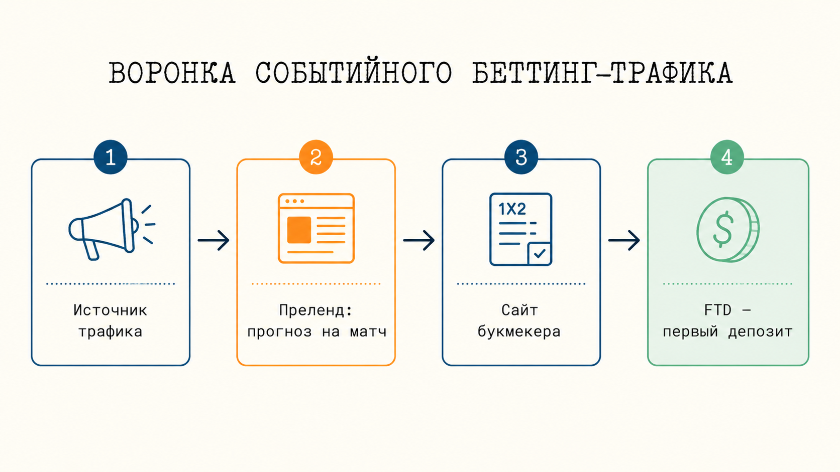Схема воронки событийного беттинг-трафика от источника до первого депозита