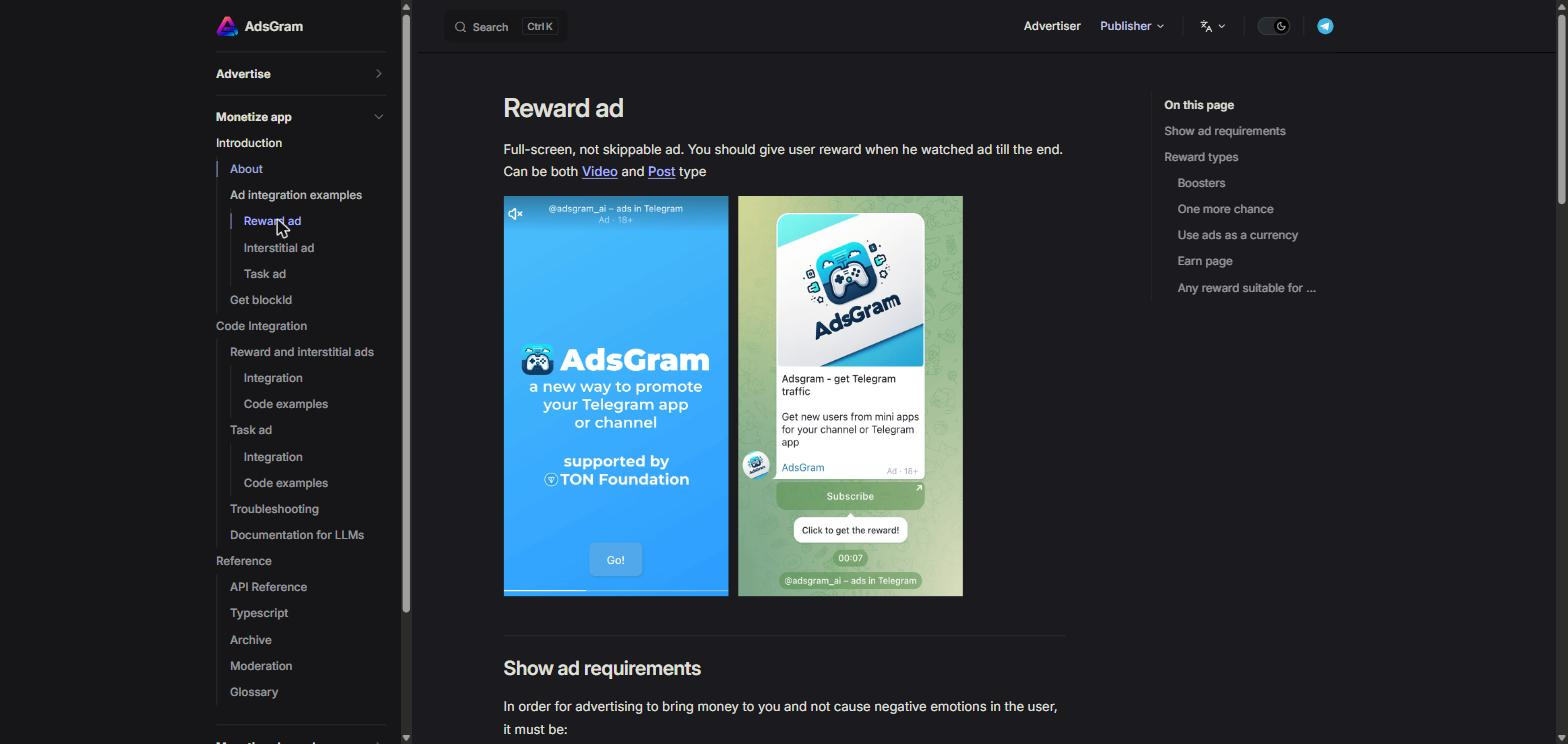 Форматы рекламы Adsgram для монетизации Telegram-бота: пример Reward ad