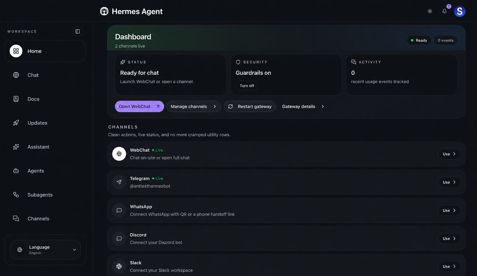 Локальная веб-панель Hermes Agent v0.9+ с настройками и активными сессиями