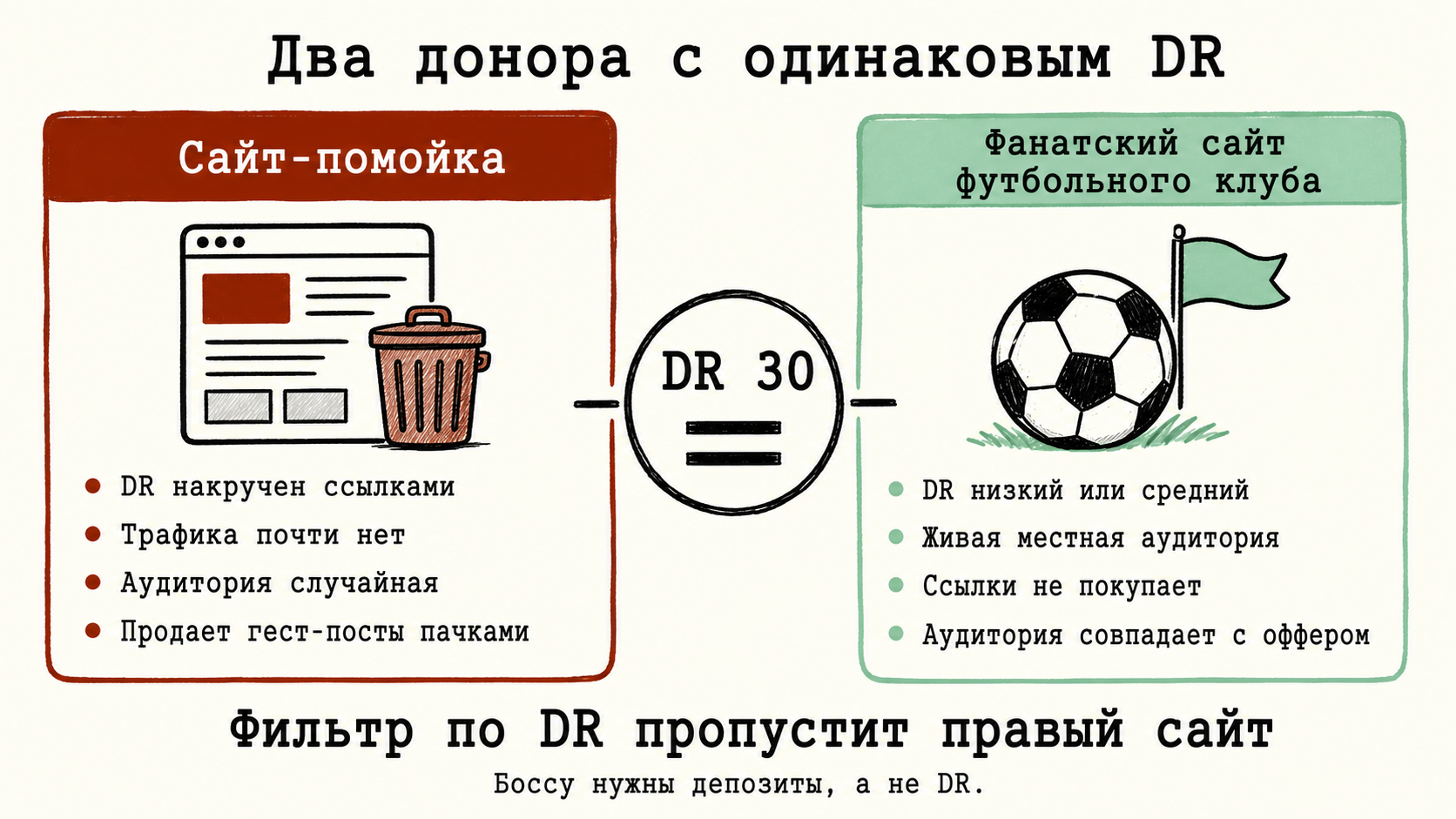Сравнение двух сайтов-доноров с одинаковым DR и разной аудиторией