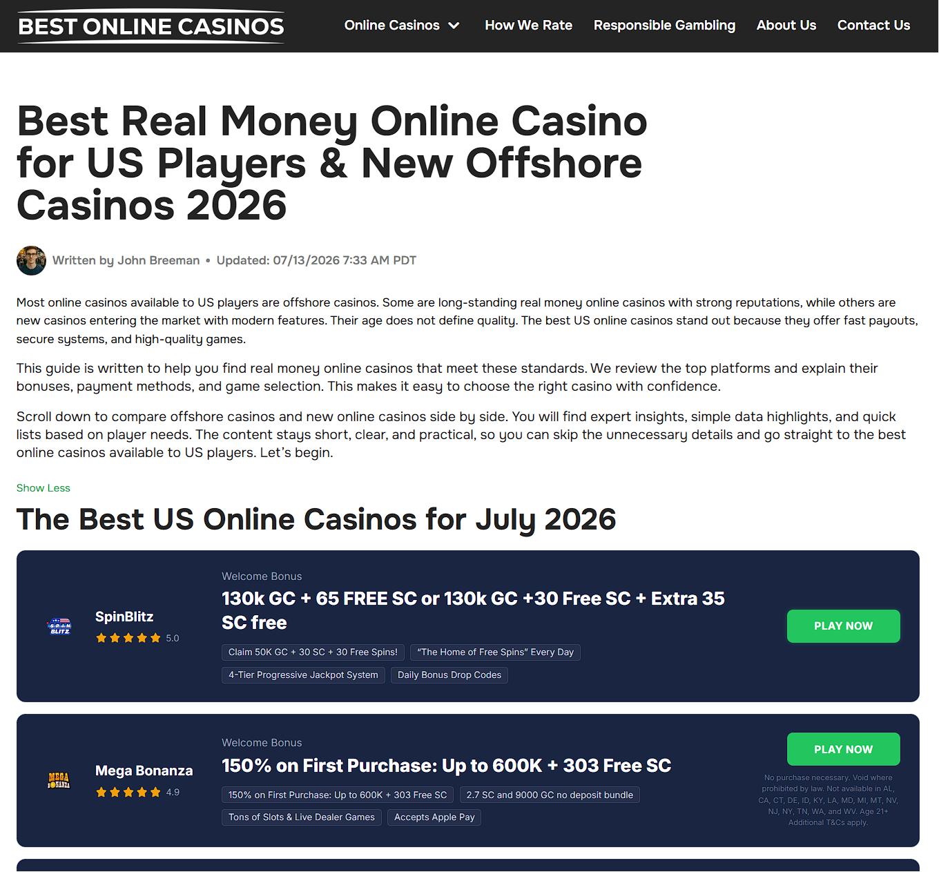 Начало статьи с рекламой казино на iGaming-сайте обзорнике