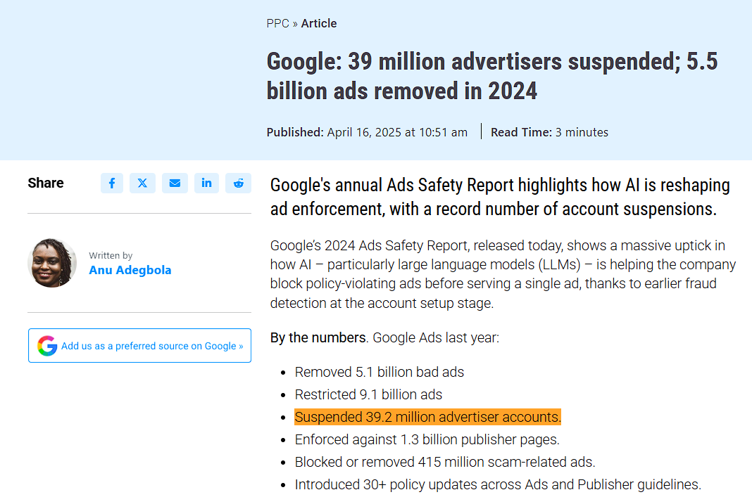 Данные отчёта Google о безопасности рекламы: 39,2 млн приостановленных аккаунтов за 2024 год