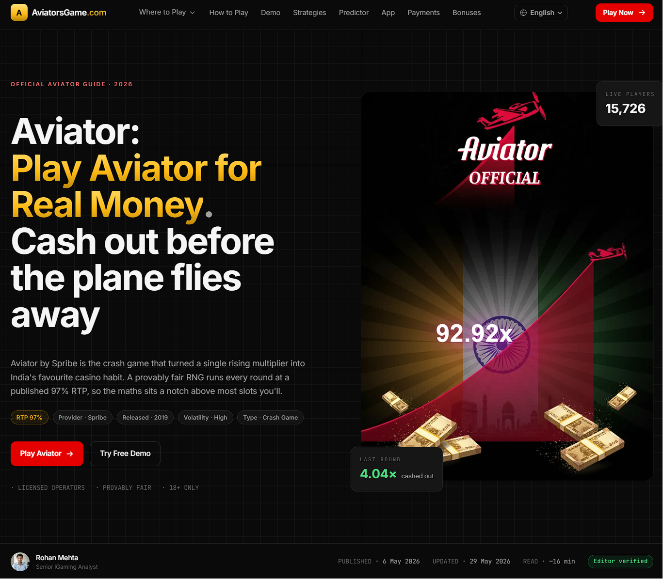 Главная страница сайта для залива на офферы слот Авиатор в iGaming SEO