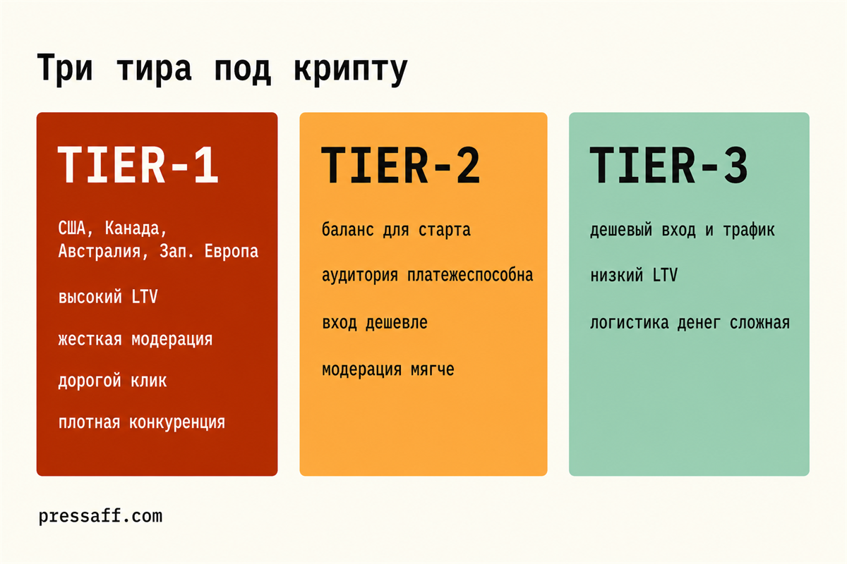 Сравнение Tier-1, Tier-2 и Tier-3 для крипто-залива по цене, модерации и LTV