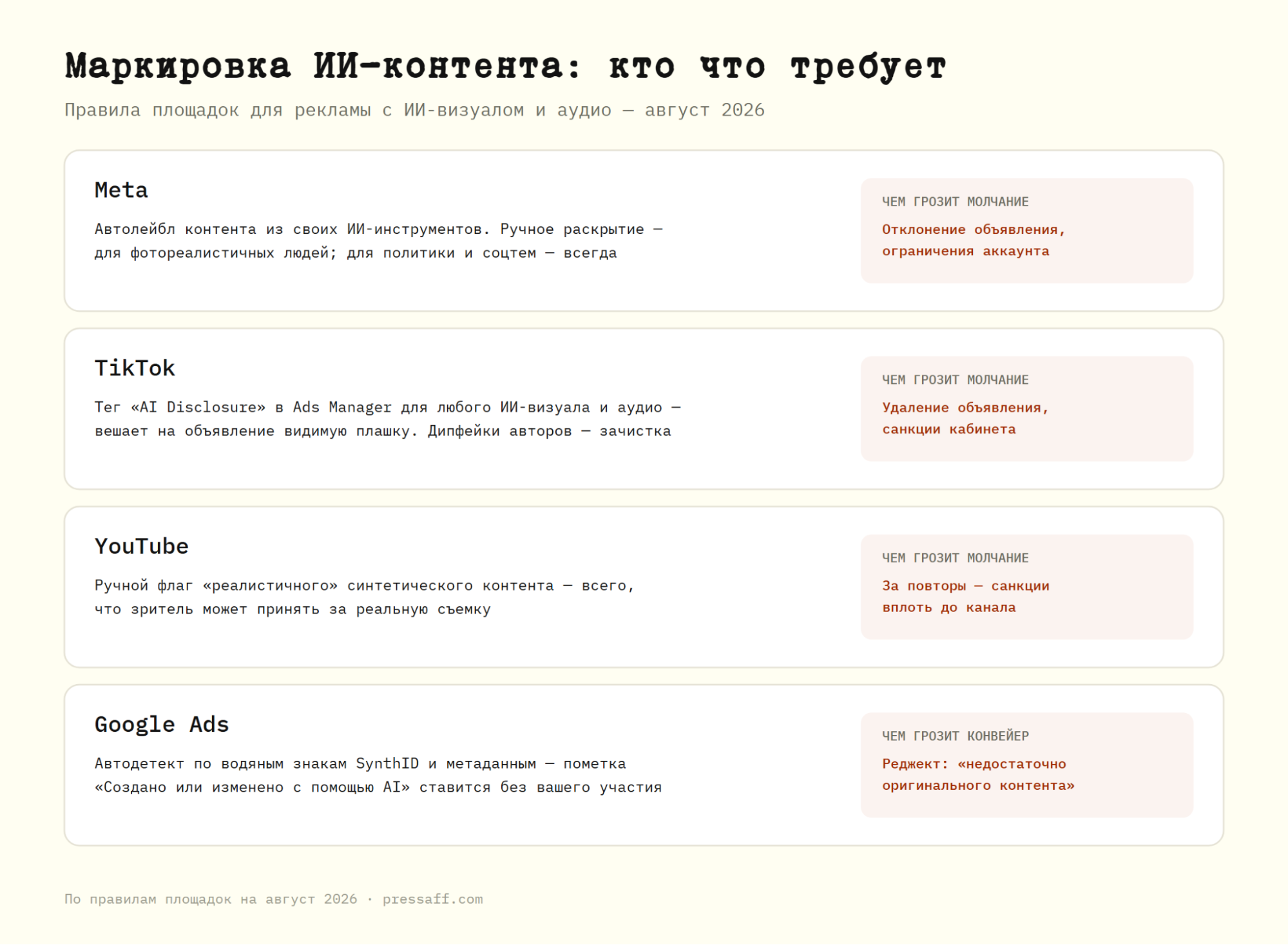 Сравнение правил маркировки ИИ-контента в Meta, TikTok, YouTube и Google Ads
