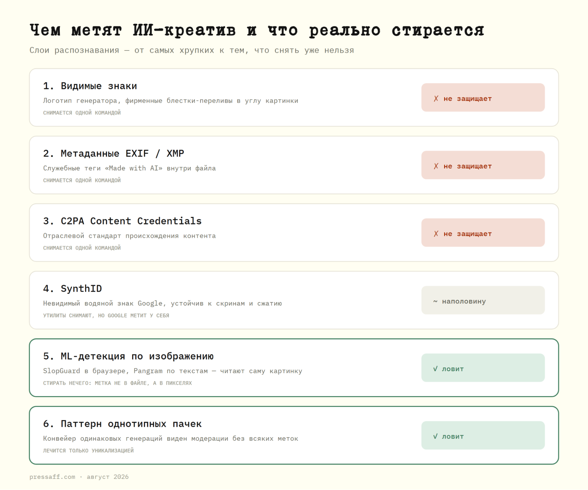 Схема слоев распознавания ИИ-контента и какие из них снимаются утилитами