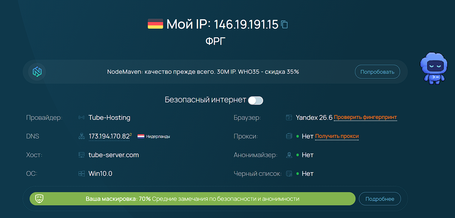 Проверка чистоты и анонимности IP-адреса прокси на whoer.net