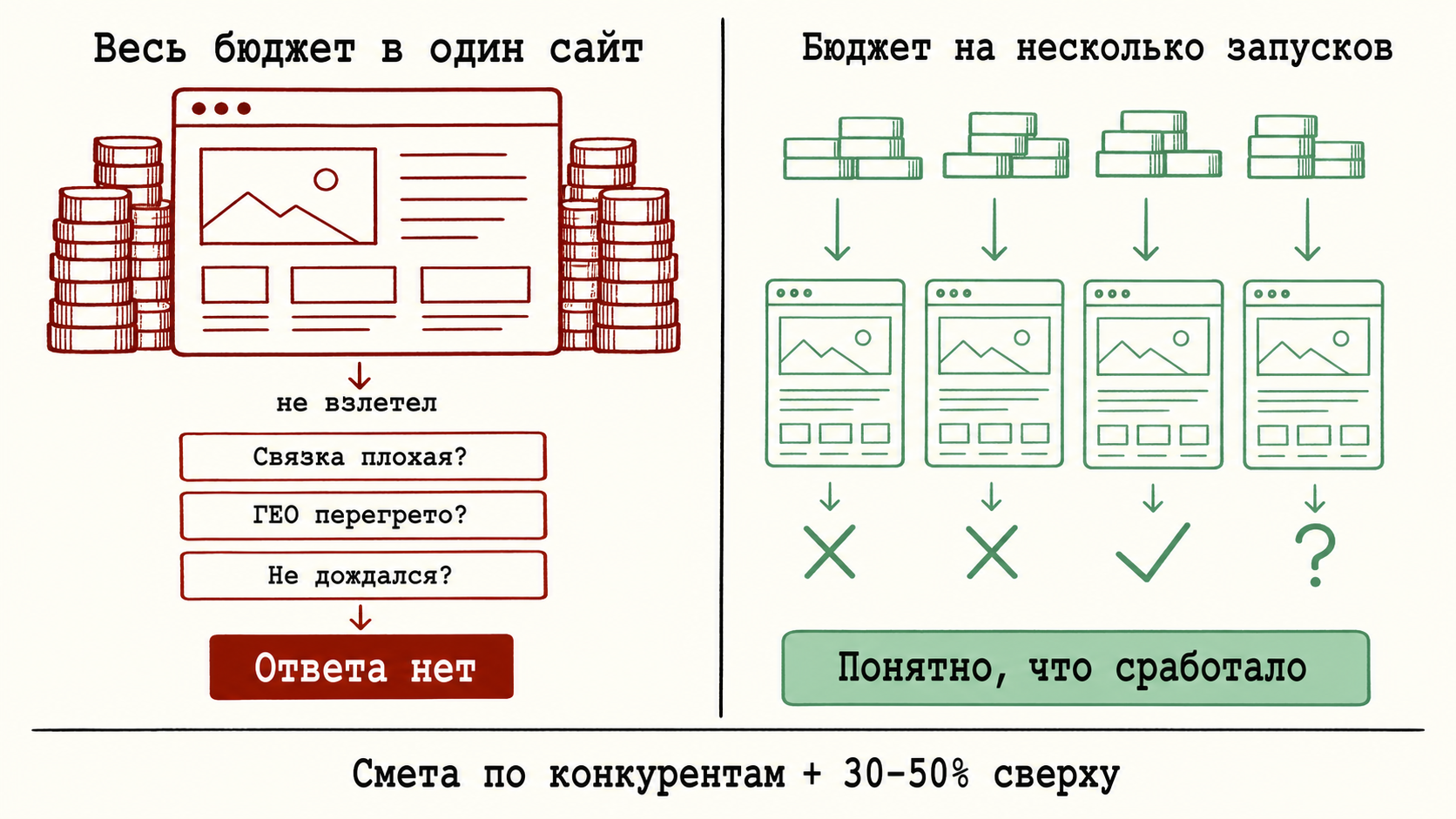 Сравнение стратегии одного дорогого сайта и нескольких недорогих запусков