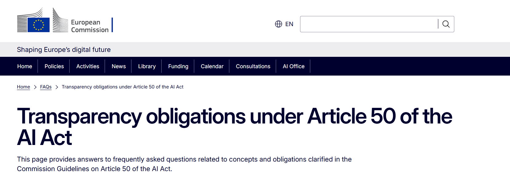 Страница Еврокомиссии с разъяснением требований прозрачности AI Act