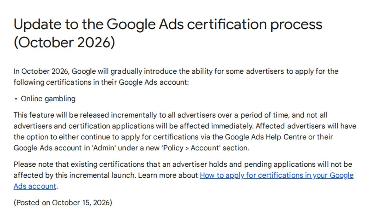 🖥Google Ads обновляет процедуру сертификации онлайн-гемблинга С октября 2026 года рекламодатели смогут…