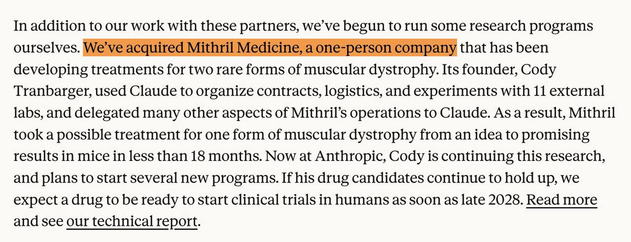 Anthropic купили стартап Mithril Medicine, состоящий из одного человека Компания разрабатывает лекарства…