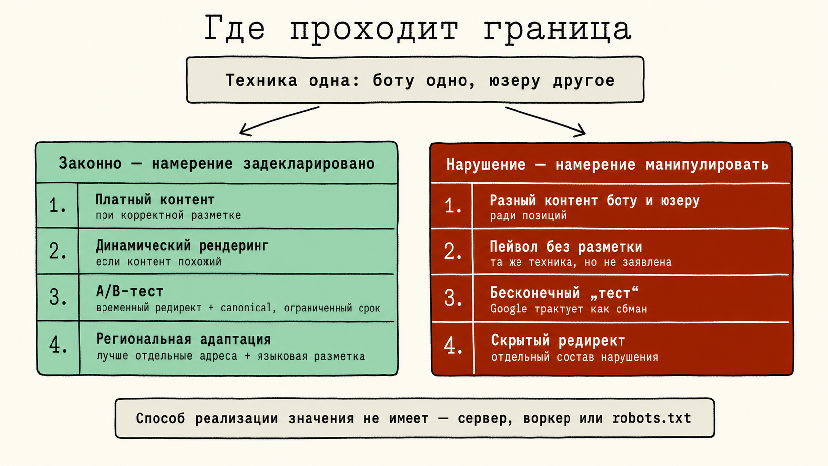 Сравнение легальных и запрещённых случаев подмены контента для бота и пользователя