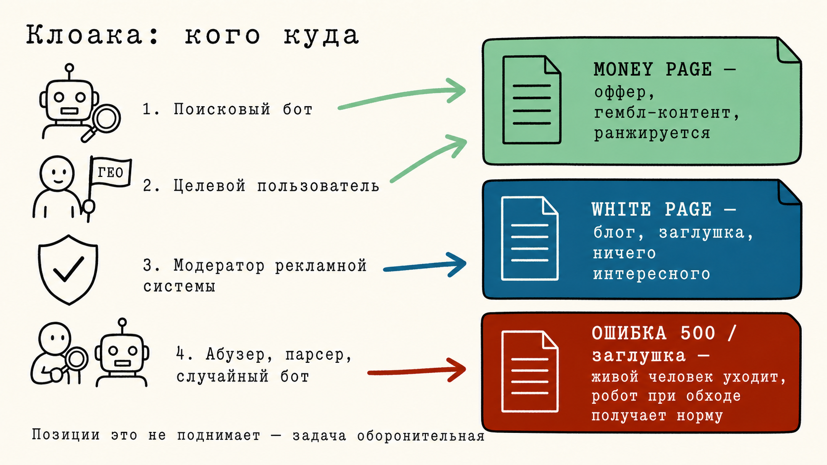 Схема разведения потоков: бот и целевой пользователь на money page, остальные на white page или заглушку