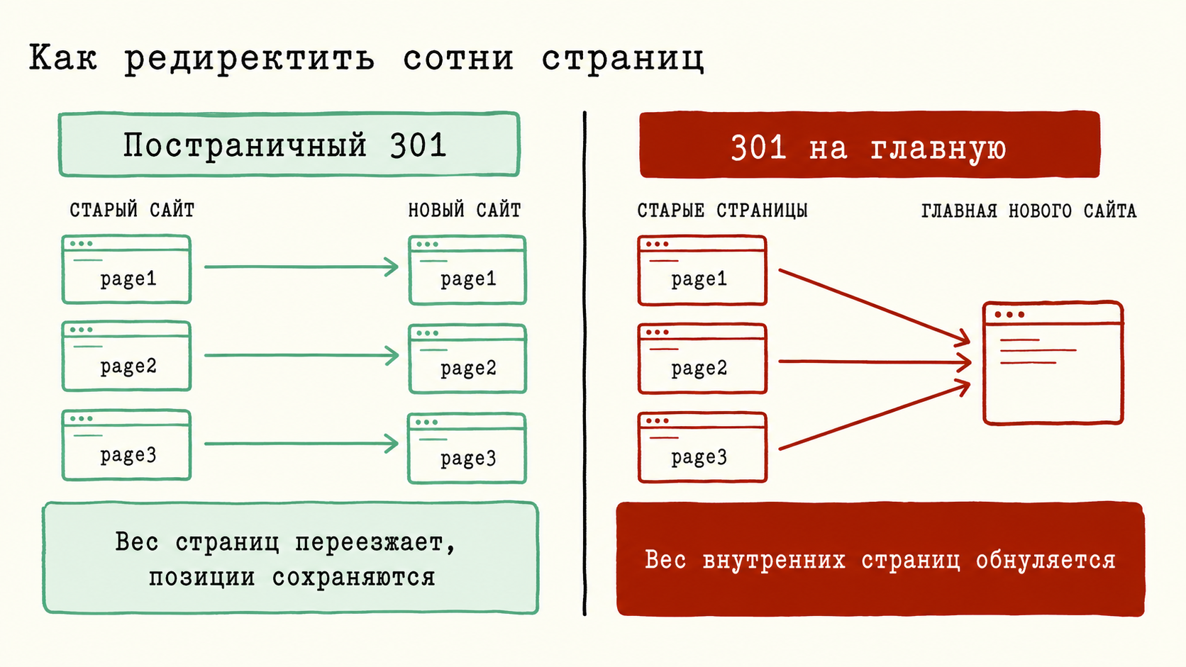 Сравнение постраничного 301 и редиректа всех страниц на главную