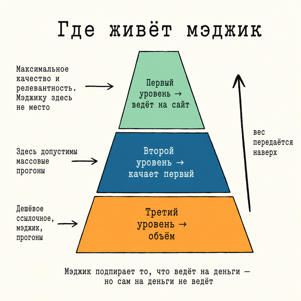 Схема трёх уровней ссылок с указанием места массового дешёвого ссылочного