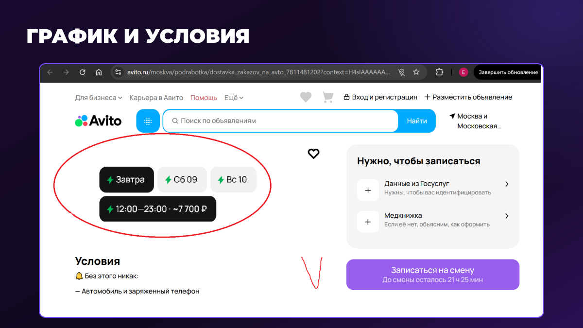График и условия смены в объявлении на Авито